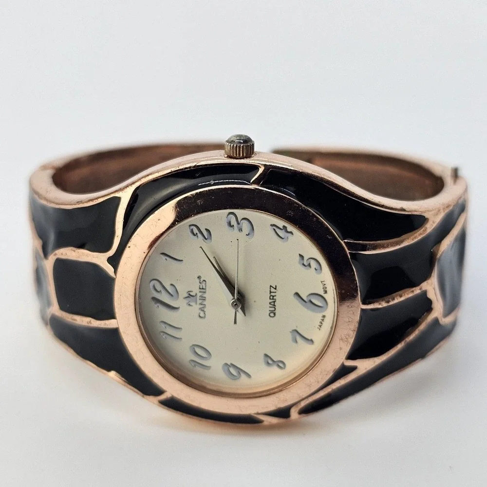 Cannes Watch Women 35M White Dial‎ Black Gold Hinged Cuff 5.25